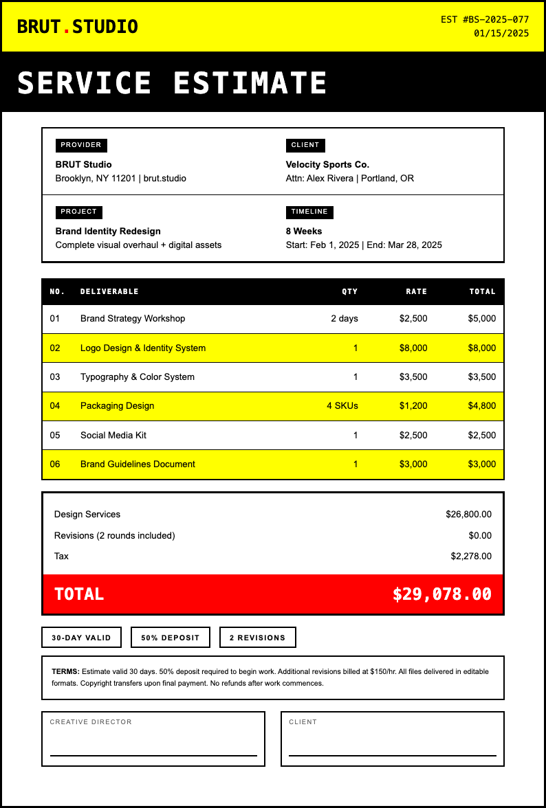 Neo brutalist service estimate